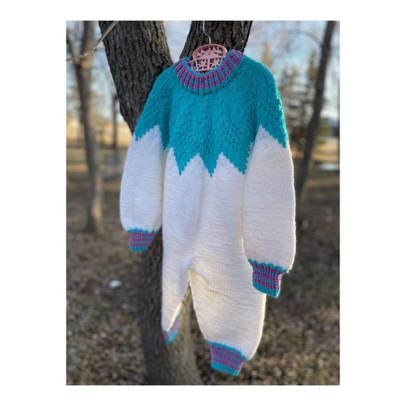 Vintage 80s Hand Knit Romper Sleeper White Purple Turquoise - Picture 3 of 9